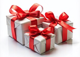 Obraz premium Red Ribbon Gifts, Christmas Presents, Holiday Gift Wrapping, Festive Bow, Isolated White Background