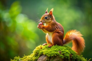 Red Squirrel Hazelnut Autumn Nature Wildlife Photography Portrait Stump Green Background
