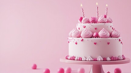 Delightful Two-Tiered Pink Birthday Cake with Candles and Decorations
