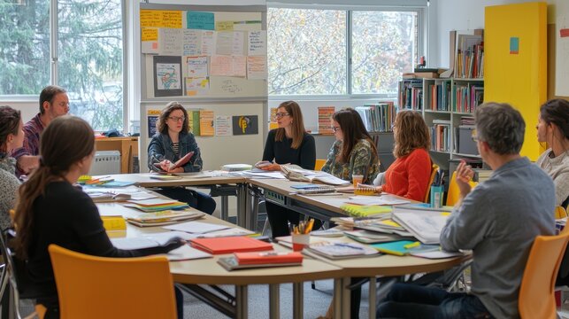 A group of adults attending a language class, engaging in interactive conversations and exercises, with books, notebooks, and digital learning tools spread across the tables in a bright classroom 