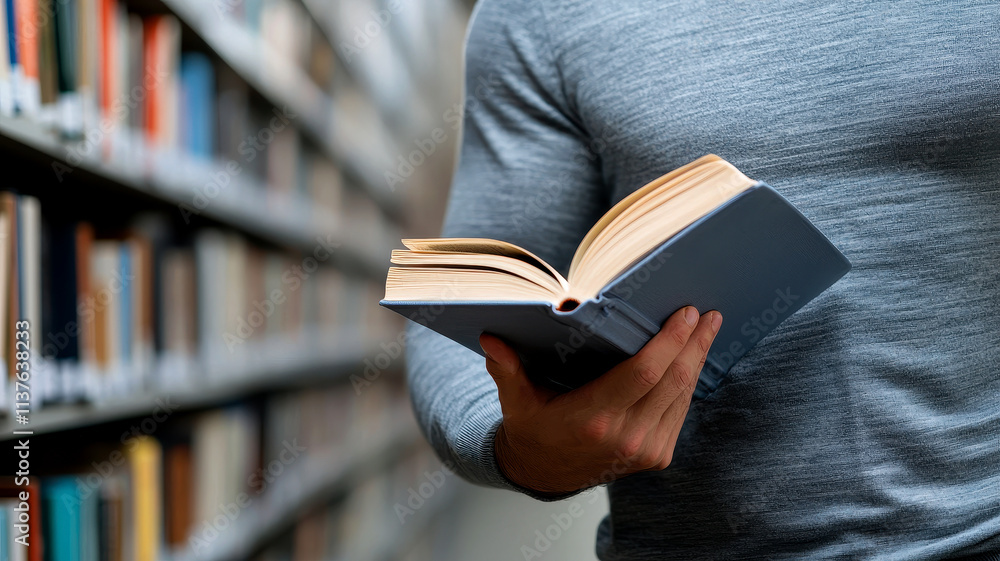 Poster the momentum in passion with transformation. person reading a book in a library filled with shelves 