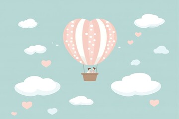 A playful Valentine card-style cartoon of a heart-shaped hot air balloon soaring through a sky filled with smaller hearts and fluffy clouds. The balloon is brightly colored with intricate patterns, 