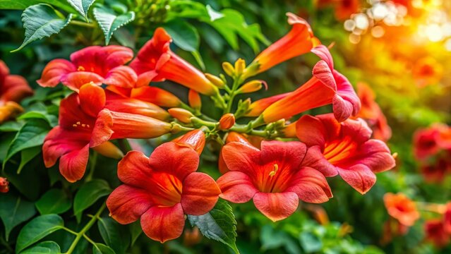 Red Trumpet Creeper Flower Portrait Photography, Garden Blooms, Vivid Campis, Summer Floral Images