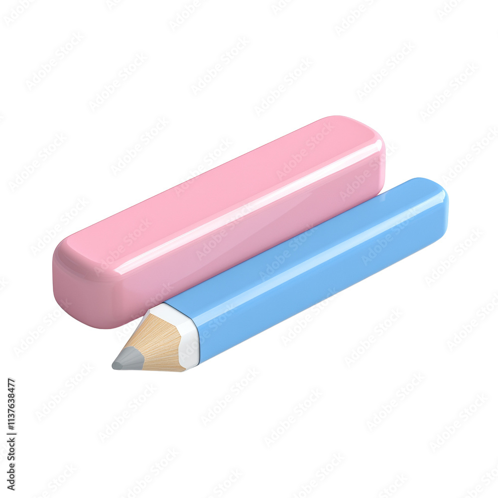 Poster 3d rendering pencil and eraser isolated on transparent background