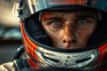 Focused race car driver ready for high-speed action, showcasing determination and skill.
