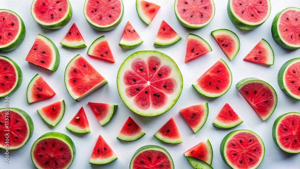 Poster refreshing watermelon pattern: sliced fruit displayed on a white background in a minimalist flat lay