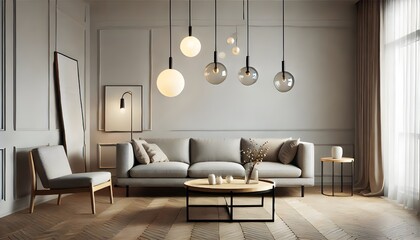 Minimalist Living Room Mockup with Empty Frame and Grey Sofa