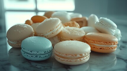 Fototapeta premium Elegant Assorted French Macarons in Pastel Colors: A Stunning Top-Down View Perfect for Decorating Your Kitchen or Café with a Touch of Vibrant Sophistication on a Marble Surface.