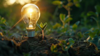 An innovative concept photo of a light bulb with a greenery, symbolizing eco friendly technology and sustainable energy solutions for a greener planet.