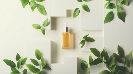 A minimalist mockup with fresh green leaves and face serum bottle framed by rectangular blocks.
