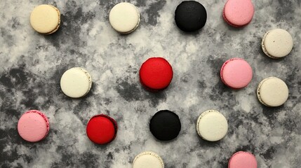 Obraz premium Elegant Assorted French Macarons in Pastel Colors: A Stunning Top-Down View Perfect for Decorating Your Kitchen or Café with a Touch of Vibrant Sophistication on a Marble Surface.