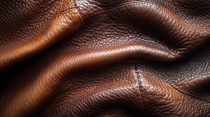 Closeup of brown wrinkled leather texture with stitching.