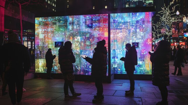 A digital art installation in a public square, where interactive screens allow passersby to create their own 2025 New Yearâ€™s messages. The messages are projected onto a central holographic