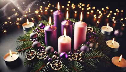 Advent Christmas Wreath or Crown - Countdown Candles to Jesus - Christian Lutheran Catholics - Bible Reading - First Sunday - Christmas Eve - Birth of Jesus Christ - Nativity - Purple White Candles