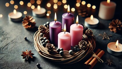 Advent Christmas Wreath or Crown - Countdown Candles to Jesus - Christian Lutheran Catholics - Bible Reading - First Sunday - Christmas Eve - Birth of Jesus Christ - Nativity - Purple White Candles