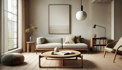 Minimalist Living Room Interior with Empty Frame and Wooden Coffee Table