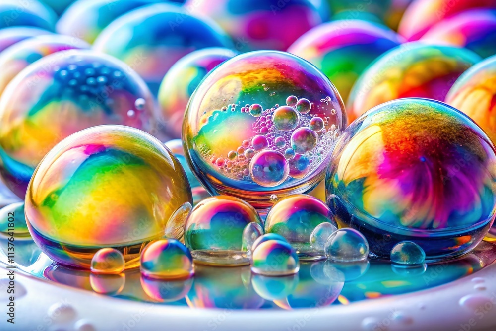 Poster iridescent bubbles floating elegantly on a soft white background, capturing colorful reflections and