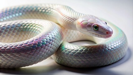 Obraz premium Iridescent White Snake Product Photography: Stunning Close-Up Images of Albino Serpent