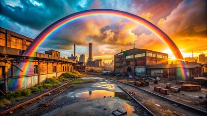Naklejka premium Is a Rainbow a Full Circle? Urban Exploration Photography - Full Rainbow, Circle Rainbow, Atmospheric Optics, Urban Scenery, Cityscape