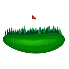 llustration graphics a golf green with a red flag with a white pole with a small dimple pattern in the hole against a light gray background