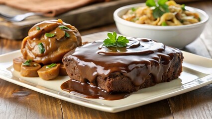 Isolated Salisbury Steak TV Dinner with Brownie on a Clean Plate, Perfectly Cooked and Ready to Eat, Surrounded by Simple Utensils, Capturing Comfort Food in a Cozy Setting