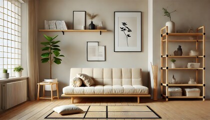 Warm Living Room with Wooden Elements, Large Grey Sofa, and Framed Artwork