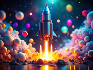 Fototapeta premium Isometric Rocket Launch, Bokeh Background, Sci-Fi Spacecraft, Futuristic Rocket Design, 3D Rocket Illustration