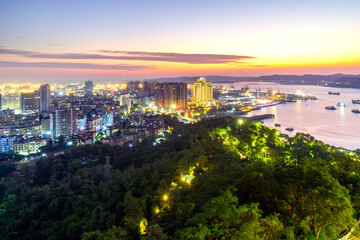 High angle shooting of a coastal city in Guangxi, China's Fangchenggang.