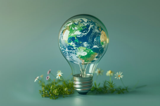 A light bulb with the Earth inside, symbolizing energy diversity and sustainability for green electricity. The topic of environmental protection and saving electricity as eco energy.