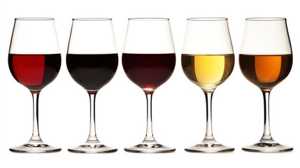 Wine variety in elegant glasses on white