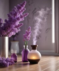 Diffuser releasing lilac essential oil vapor in a room, home fragrance, relaxation