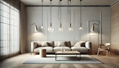 Minimalist Living Room with Green Plant, Sleek Furniture, and Circular Mirror