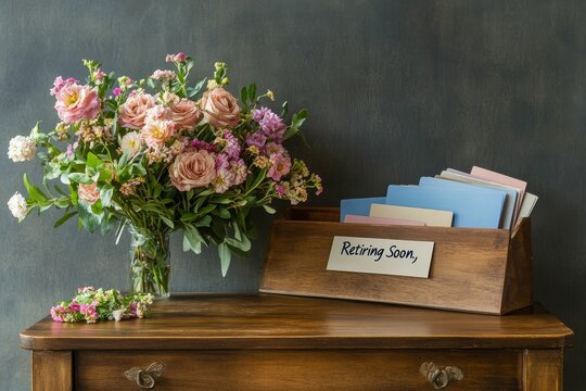 Pink flowers, wooden box, retirement note, desk. - Powered by Adobe