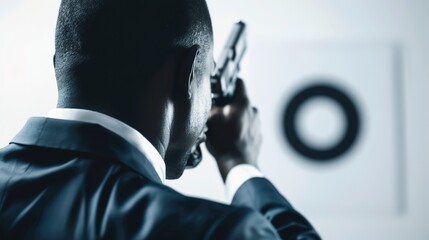 CEO in sleek business suit confidently aiming toy pistol at target on wall, symbolizing strategic leadership and decision-making in corporate environment.