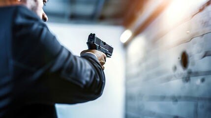 CEO in sleek business suit confidently aiming toy pistol at target on wall, symbolizing strategic leadership and decision-making in corporate environment.