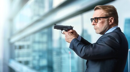 CEO in sleek business suit confidently aiming toy pistol at target on wall, symbolizing strategic leadership and decision-making in corporate environment.