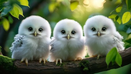 Three baby owls sitting side by side on a tree branch
