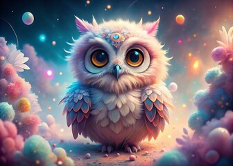 Obraz premium Kawaii Owl Surreal Photography: Dreamy Pastel Owl Fantasy Art