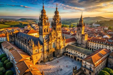 Fototapeta premium Santiago de Compostela Aerial View: Botafumeiro Cathedral Galicia Spain Drone Photography