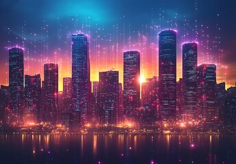 Fototapeta premium Illuminated Cityscape at Sunset with Digital Connections