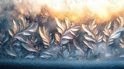 Obraz premium Intricate frost patterns on a windowpane, illuminated by a warm sunset.