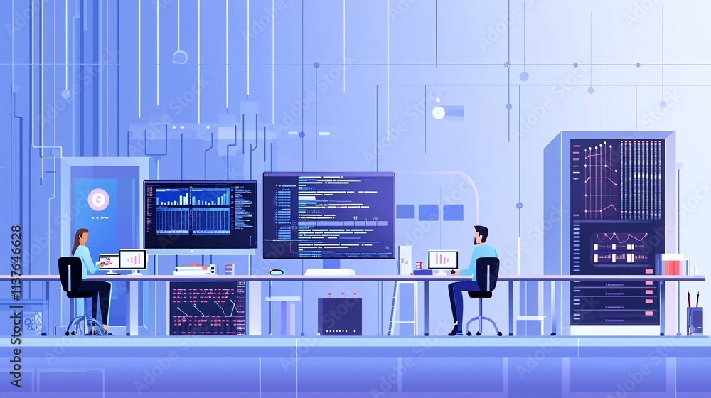 Poster a modern office workspace with diverse professionals collaborating on digital transformation strateg