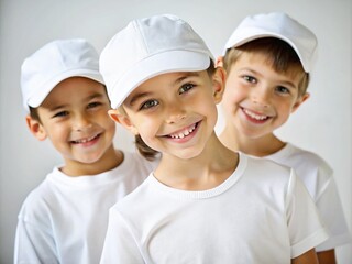 Kids White T-Shirt Mockup, Baseball Cap Mockup, Children Smiling, Studio Photography, Macro Photography, White Background, Apparel Mockup