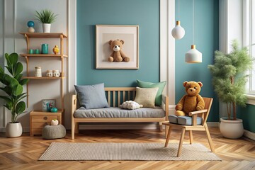 Scandinavian Kids Room Interior Design: Wooden Bench, Armchair, Poster Mockup, Toys