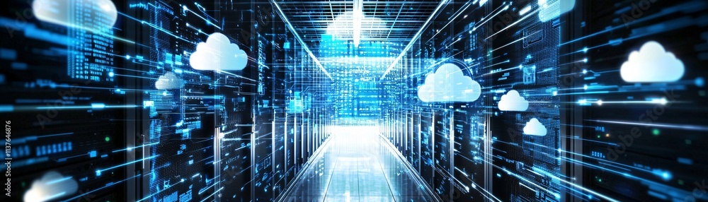 Poster a group of it specialists working on cloud infrastructure solutions in a collaborative setting, high