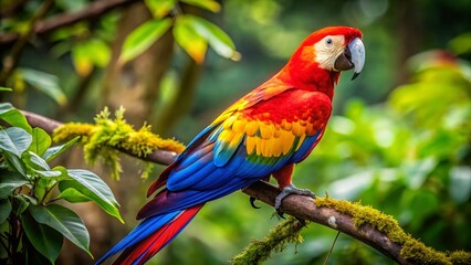 Obraz premium Scarlet Macaw Costa Rica Wildlife Photography: Vibrant Bird in Rainforest Treetop