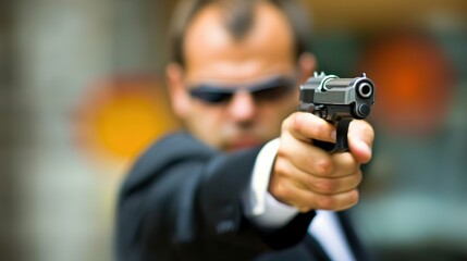 CEO in sleek business suit confidently aiming toy pistol at target on wall, symbolizing strategic leadership and decision-making in corporate environment.