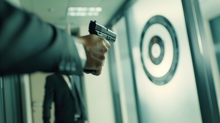 CEO in sleek business suit confidently aiming toy pistol at target on wall, symbolizing strategic leadership and decision-making in corporate environment.
