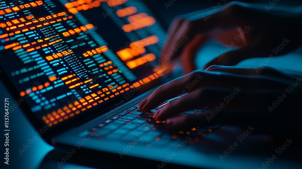 Poster a close-up of hands typing on a laptop, with data streams and cloud symbols overlaying the screen, e