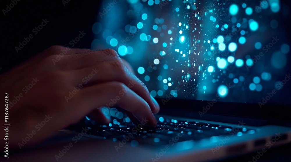 Poster a close-up of hands typing on a laptop, with data streams and cloud symbols overlaying the screen, e